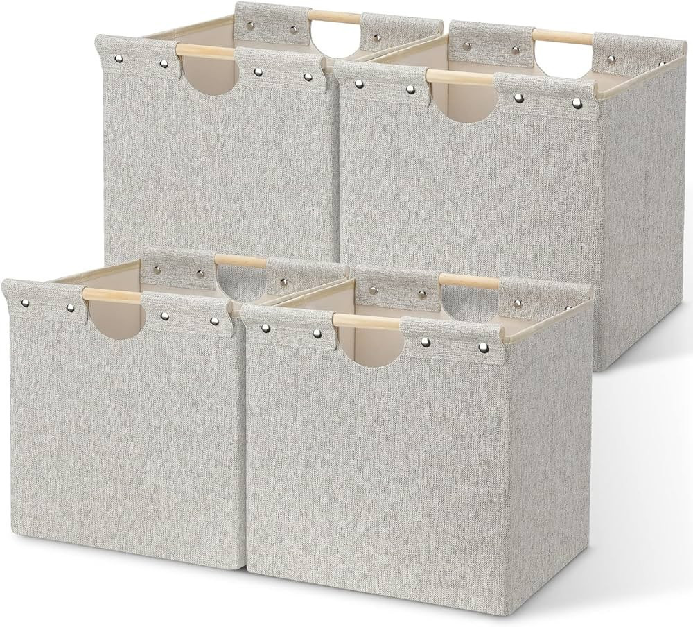 Posprica 13x13x13 Collapsible Storage Bins, 4 Pack Fabric Foldable Cube Storage Bins with Wooden ... | Amazon (US)