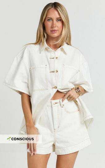 Rhianna Shorts - Mid Waist Recycled Denim Shorts in Ecru with Contrast Tobacco Stitch | Showpo (US, UK & Europe)