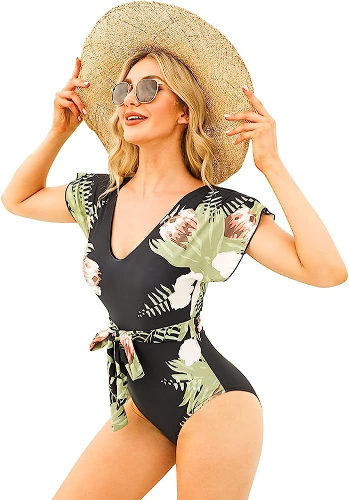Byinns Women's V-Neck One-Piece Swimsuit with Belt Floral Printed Bathing Suits Ruffle Sleeve Swi... | Amazon (US)
