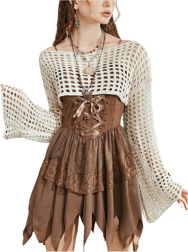 SHENHE Women's Hollow Out Knitted Pullover Sweater Crochet Cropped Sweater Top Long Sleeve Casual... | Amazon (US)