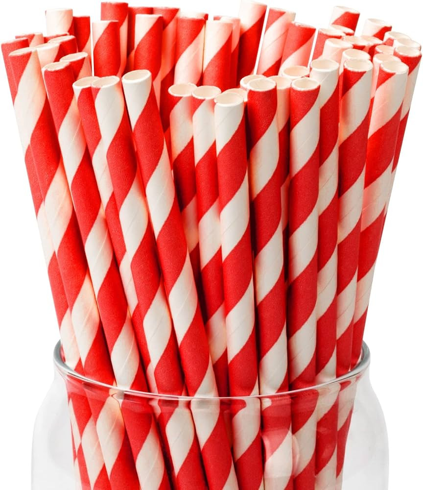 [100 Pack]Red Straws, Disposable Red and White Straws Biodegradable Red Paper Striped Straws for ... | Amazon (US)