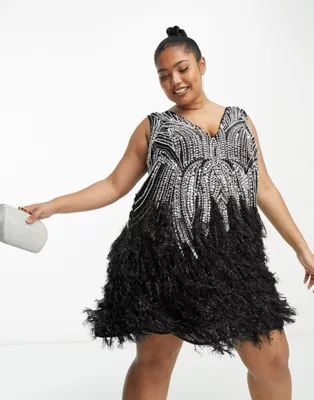 ASOS EDITION Curve crystal and bead mini dress with feather hem in black | ASOS (Global)