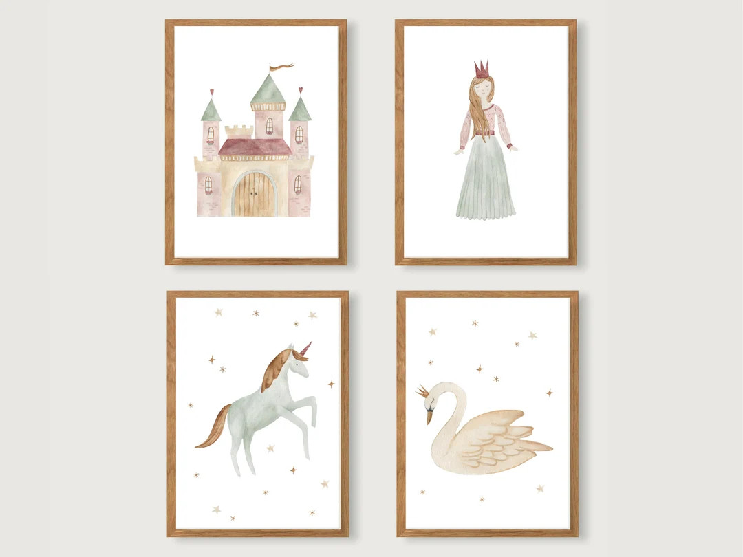 Poster Set Princess A4 Printing Kids Posters Nursery Child Babies Illustration Swan Unicorn Castl... | Etsy (US)