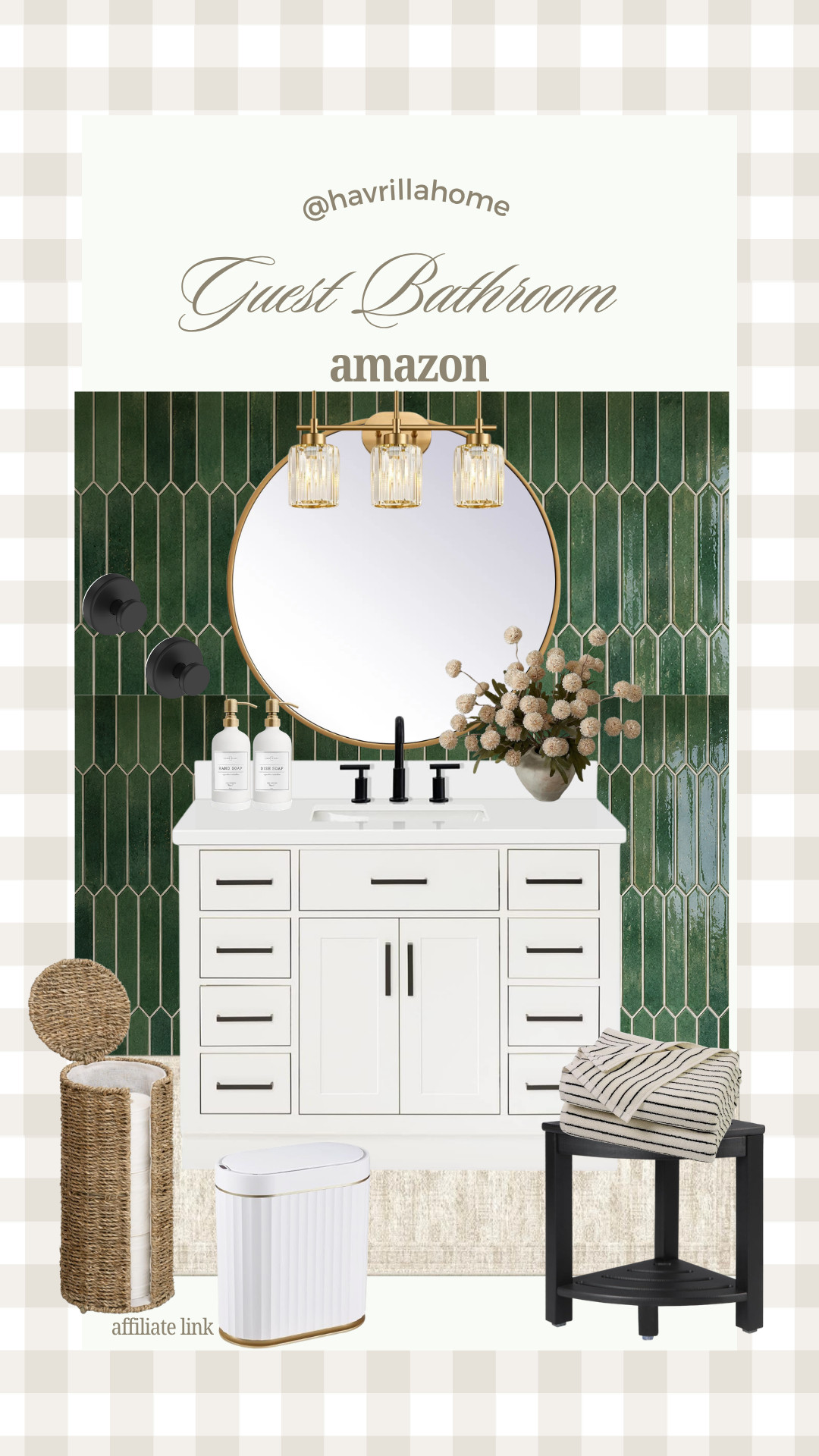 Amazon guest bathroom decor, bathroom makeover, green tile bathroom, round gold mirror, bathroom vanity, modern bathroom design, black bathroom fixtures, guest bath inspiration, bathroom storage ideas, woven hamper, neutral bathroom decor, bathroom organization, affordable bathroom decor, Amazon bathroom finds, cottage bathroom, transitional bathroom, wall mounted faucet, bathroom styling, home decor finds, bathroom essentials

#LTKHome
