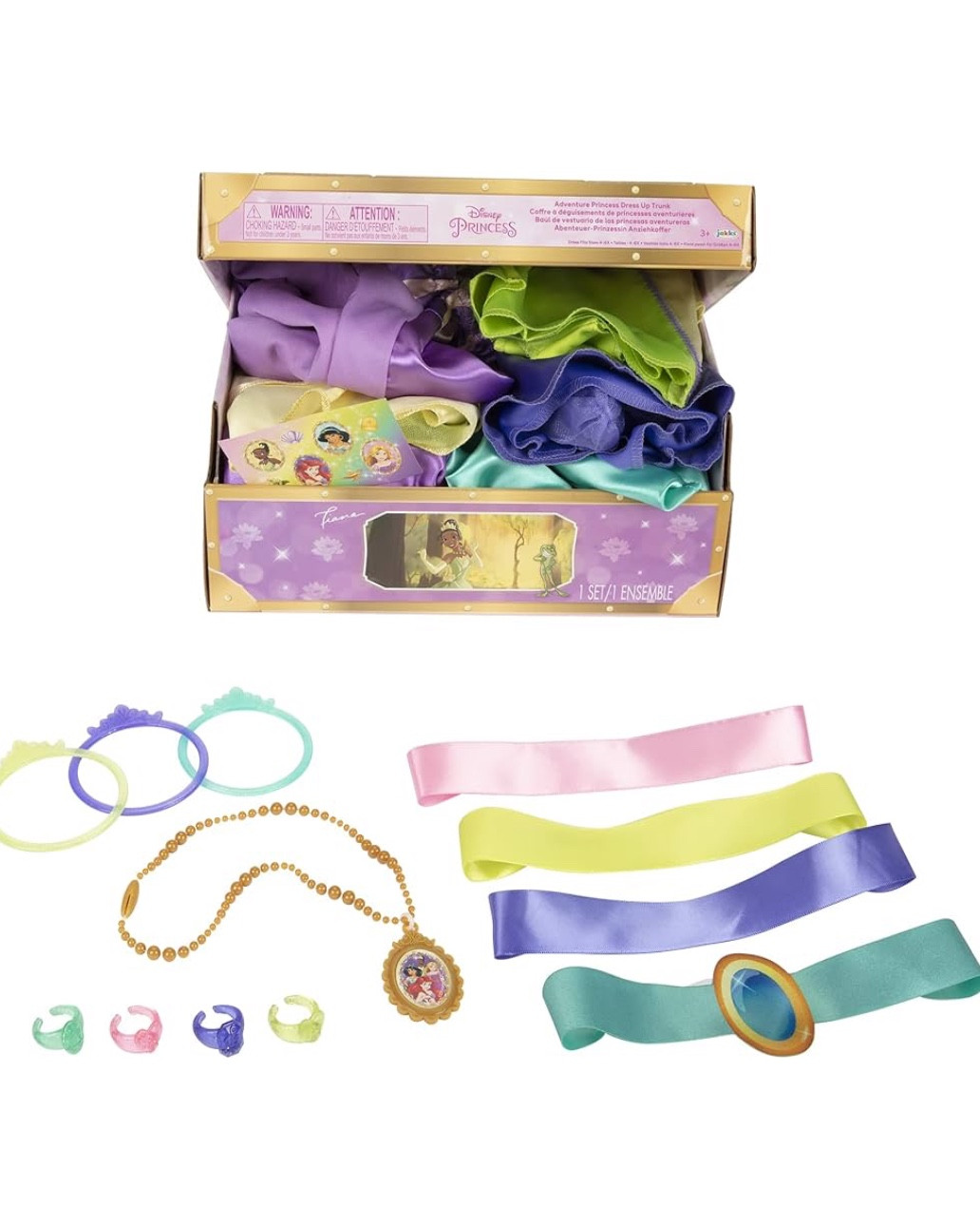 21 piece deluxe dress-up trunk includes four classic Disney Princess characters, Tiana, Jasmine, Rapunzel and Ariel outfits
Includes: 4 tops and 3 skirts - with matching royal accessories on sale for 23 dollars!

#LTKSaleAlert #LTKKids #LTKSpringSale