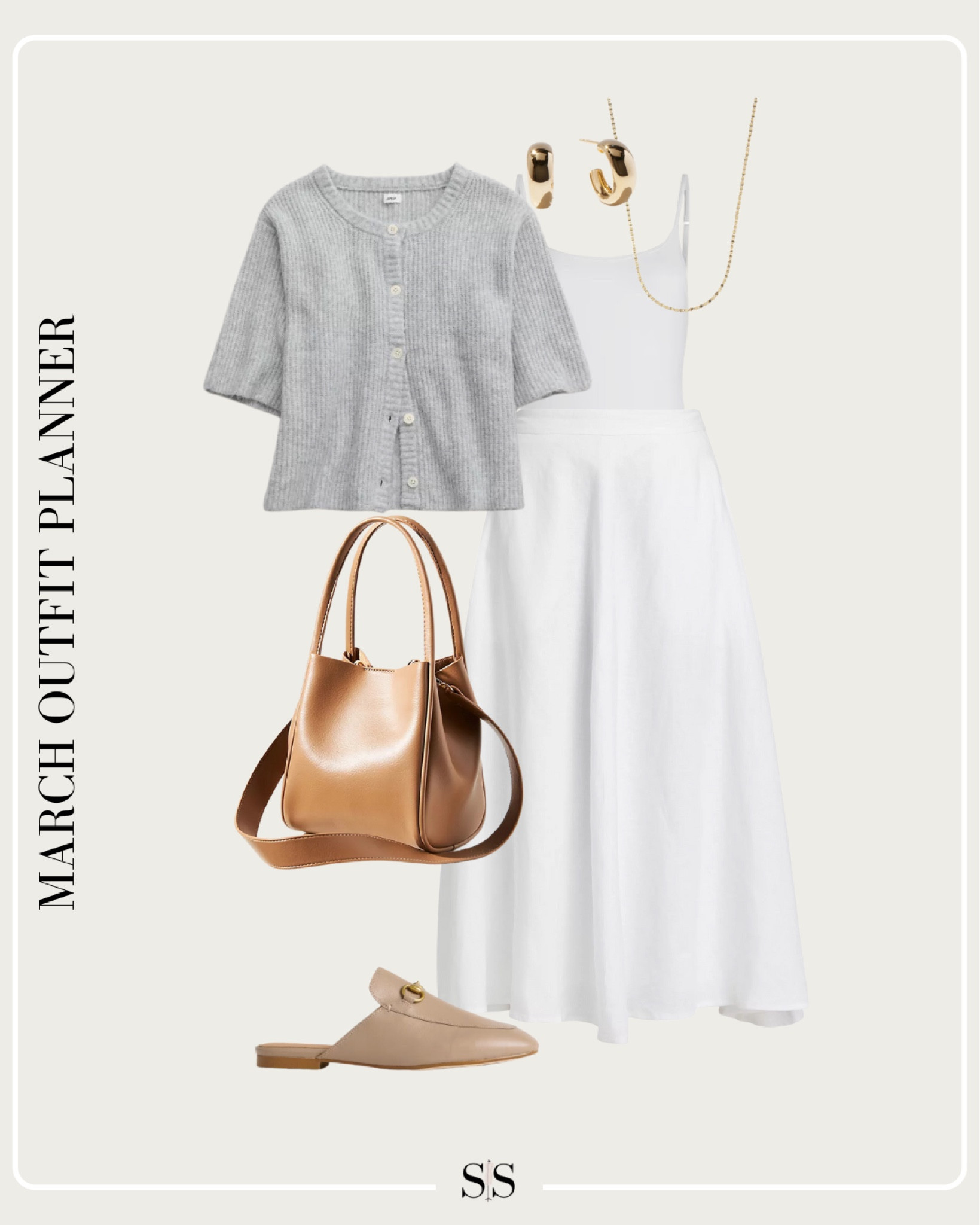 Monthly outfit planner MARCH: Winter to Spring transitional looks | short sleeve cardigan, white maxi skirt, bodysuit, tote bag, loafer mules 

#springoutfit 

#LTKStyleTip