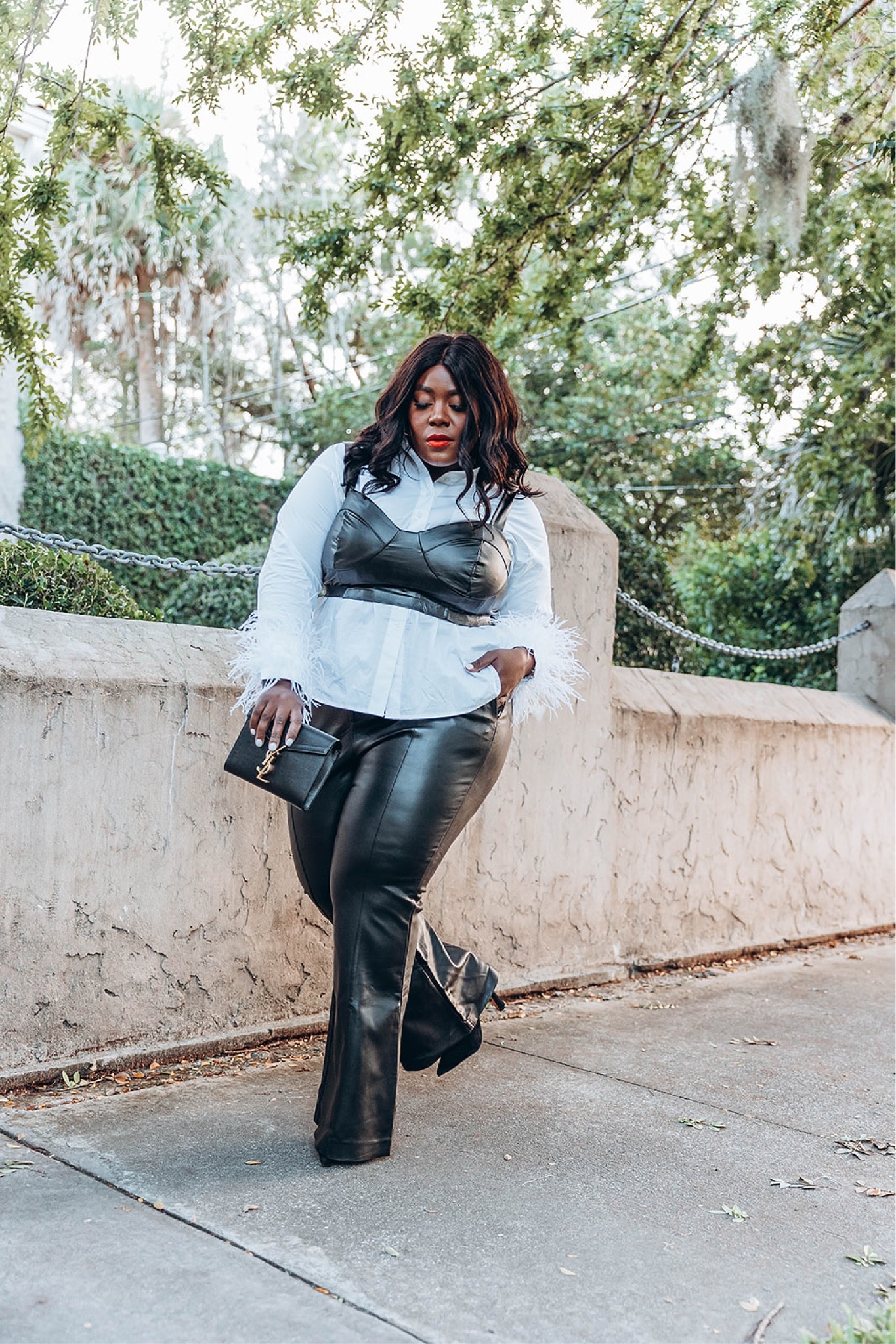 Feathered Sleeve White Button Down Shirt | Faux Leather Bralette | Faux Leather Pants | Plus Size Fashion 

#LTKcurves #LTKunder100 #LTKsalealert