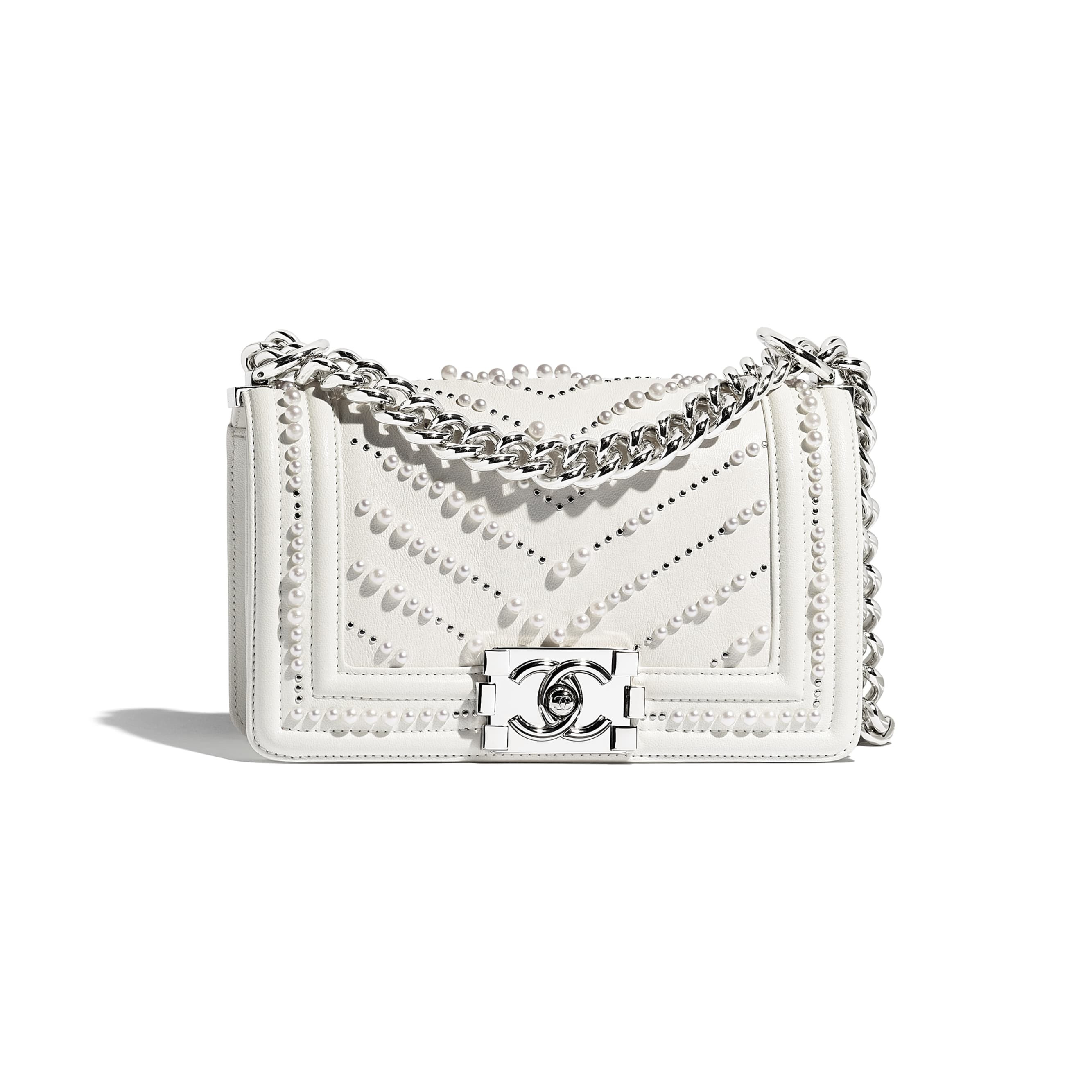 Calfskin, Imitation Pearls & Silver-Tone Metal White Small BOY CHANEL Handbag | CHANEL | Chanel, Inc. (US)