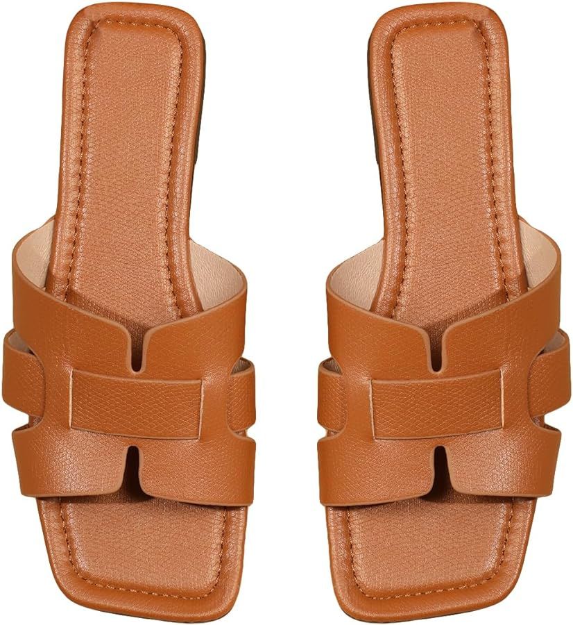 GORGLITTER H Sandals Cut Out Flat Sandals Women Dressy Flat Cross Strap PU Leather Flat | Amazon (US)
