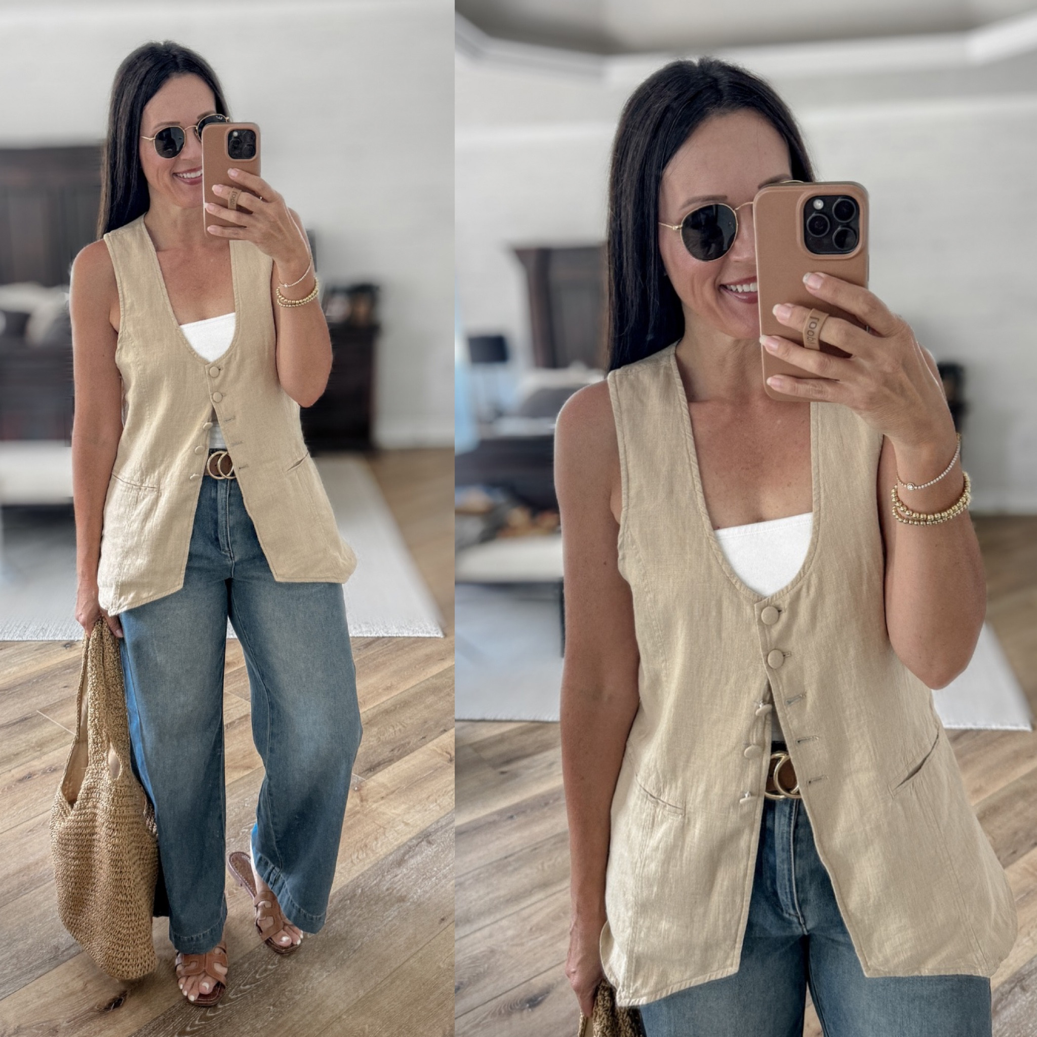 A lightweight look if shorts aren’t your thing. 

Sizing:
Wide-leg jeans-Amazon, sized up to 28 for looser fit
Linen vest-Free People, wearing medium
Tube top-Old Navy, size up! Snug, wearing large 
Sandals-Sam Edelman from Nordstrom, run TTS

summer outfit | casual outfit | elevated casual | straw tote | retro Ray-bans

#LTKStyleTip #LTKOver40 #LTKFindsUnder50