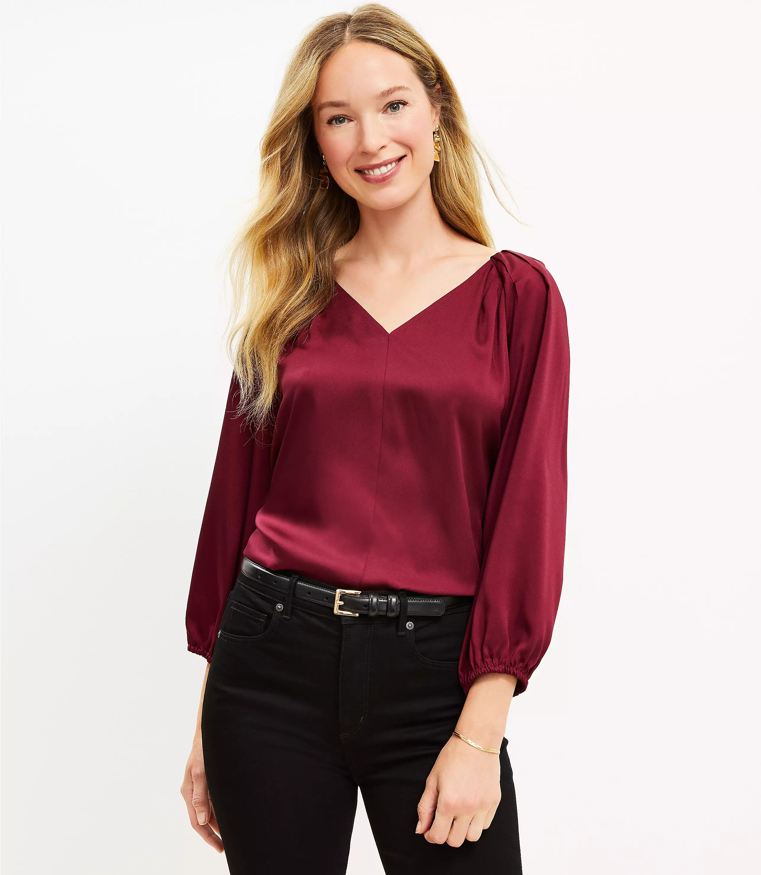 Pleated Sleeve V-Neck Top | LOFT