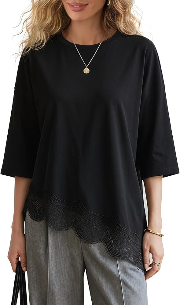 EXLURA Womens Summer Oversized Lace Trim T Shirts 2026 Casual Half Sleeve Asymmetrical Hem Tops L... | Amazon (US)