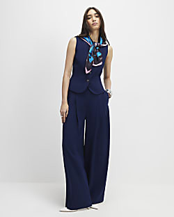 Navy Wide Leg Trousers | River Island UK & IE