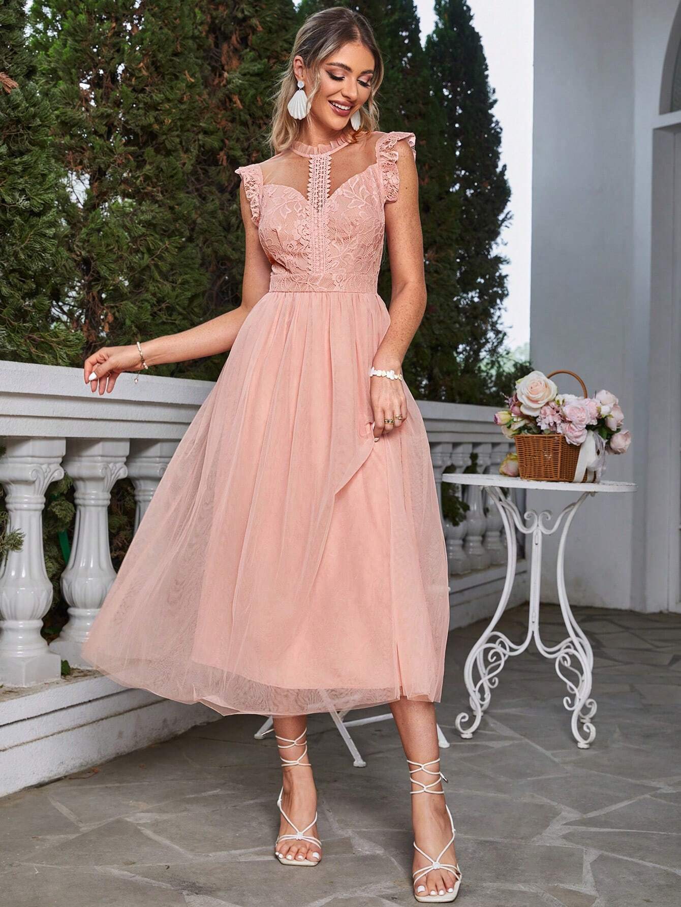 Simplee Contrast Lace Ruffle Trim Mesh Overlay Dress | SHEIN