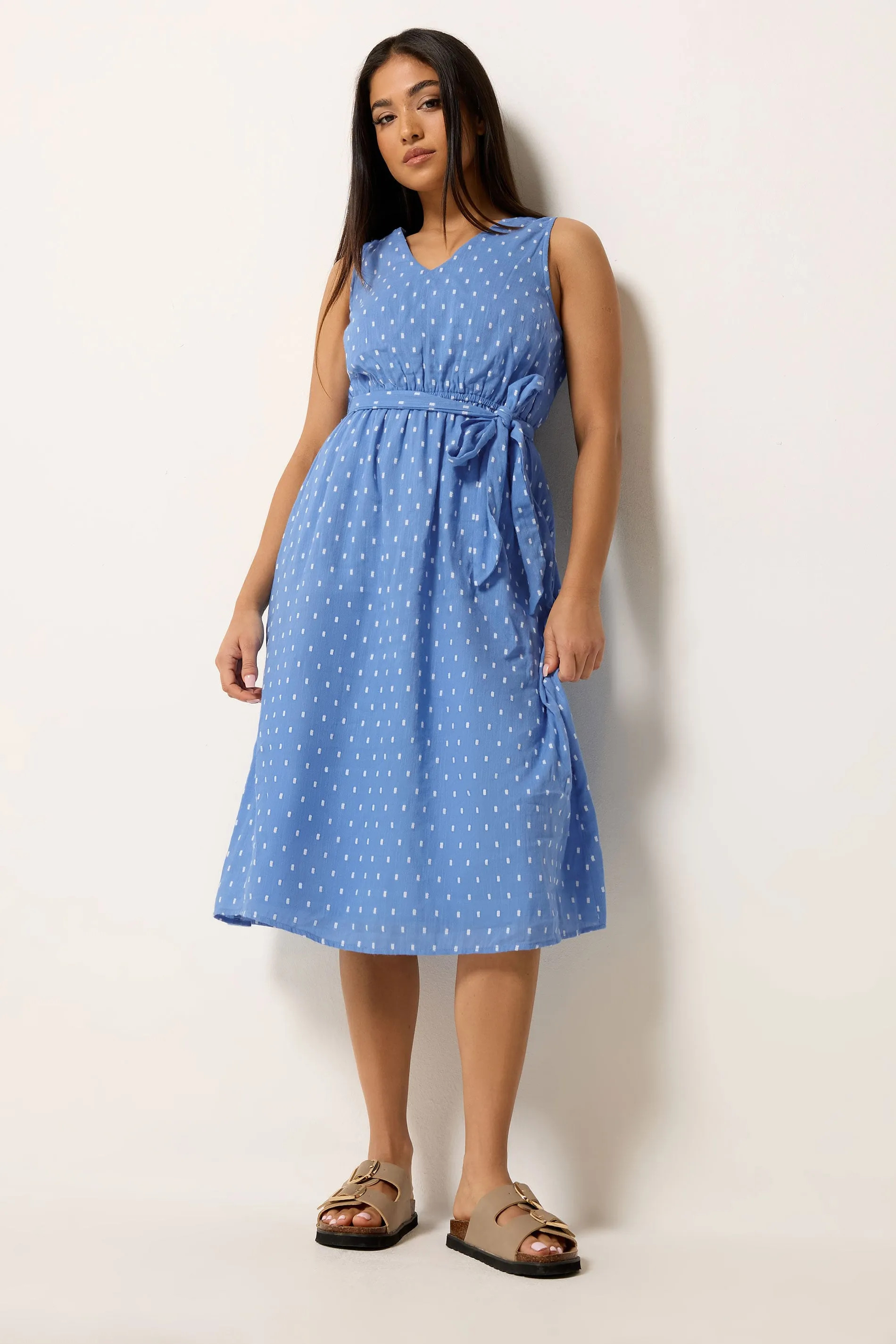 Blue M&Co Petite Dobby Tie Waist Midi Dress | Debenhams | Debenhams UK