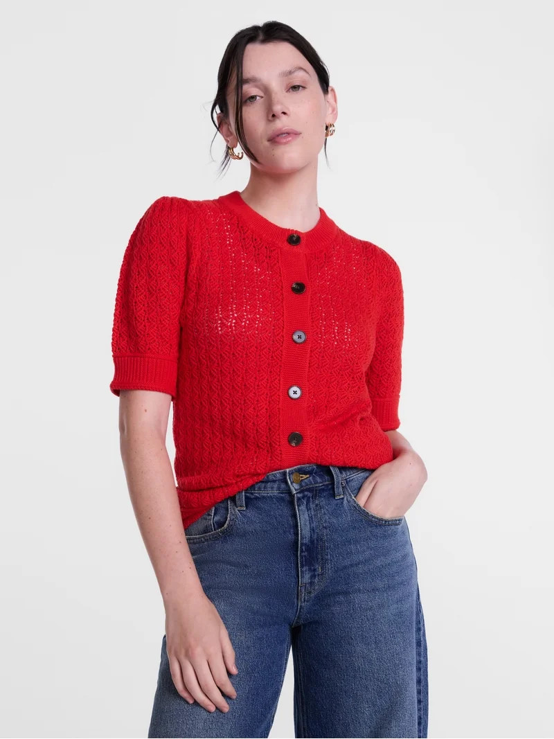 Scenario Women's and Women's Plus Crewneck Cardigan with Short Sleeves, Lightweight, Sizes XS-4X | Walmart (US)