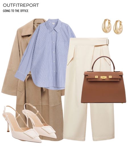 Blue shirt camel coat jacket heels and neutral trousers 

#LTKstyletip #LTKshoecrush #LTKitbag