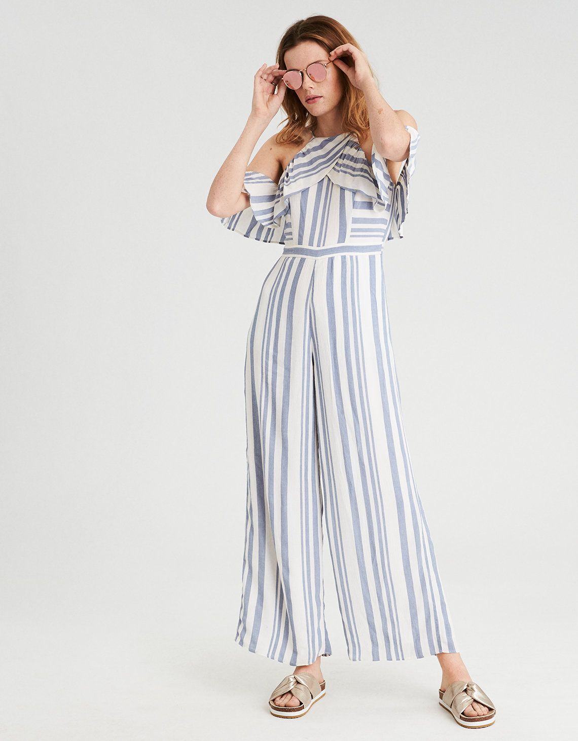 AE Cold Shoulder Ruffle Halter Jumpsuit, Blue | American Eagle Outfitters (US & CA)