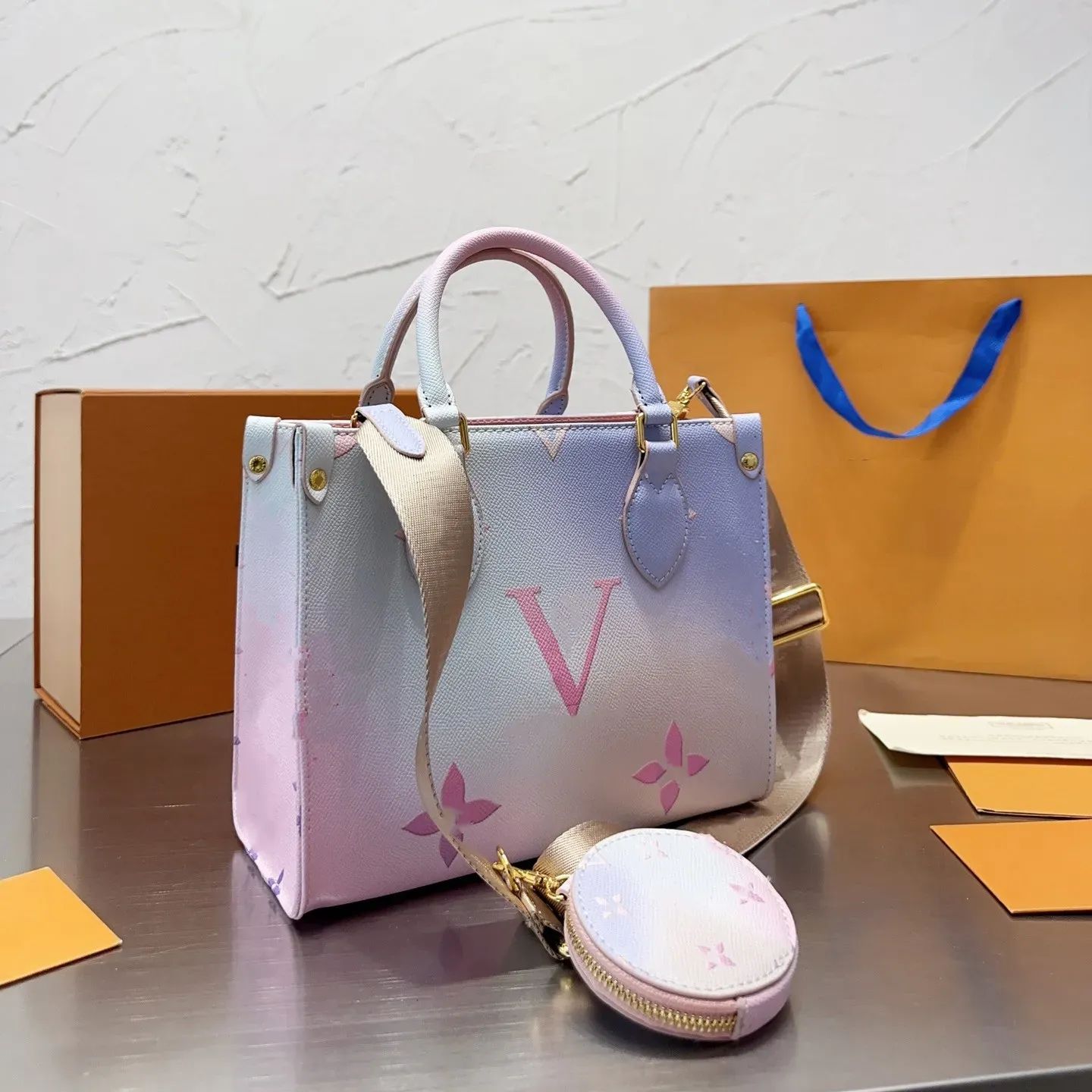 leather handbag Women Tote onthego Designer Crossbody Shoulder bag width 25cm | DHGate