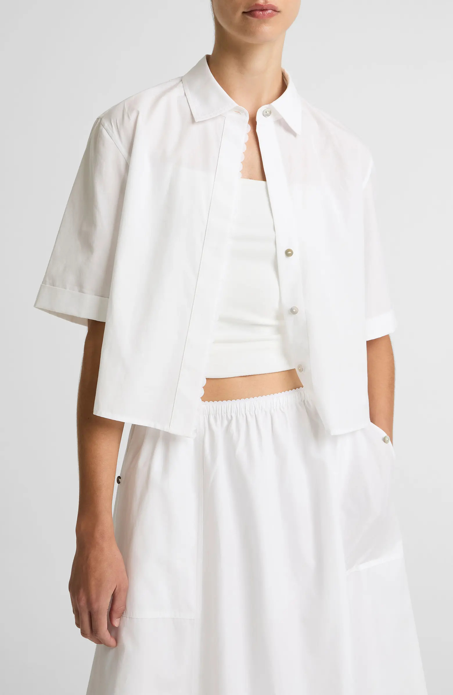 Scallop Detail Short Sleeve Cotton Button-Up Shirt | Nordstrom