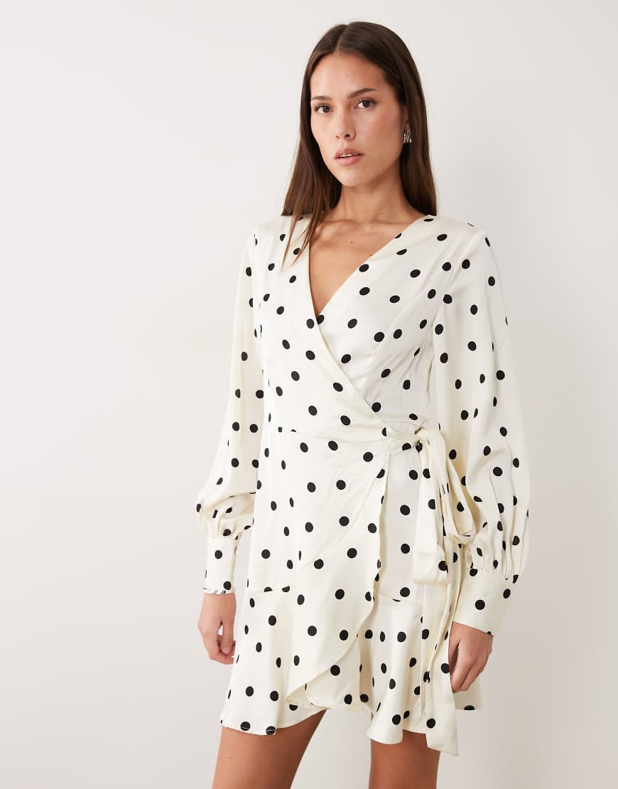 VILA long sleeve satin wrap mini dress in cream polka dot-White | ASOS (Global)