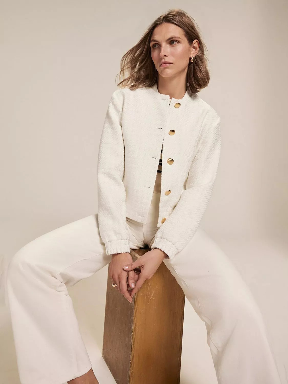 Mint Velvet Boucle Bomber Jacket, Ivory | John Lewis (UK)