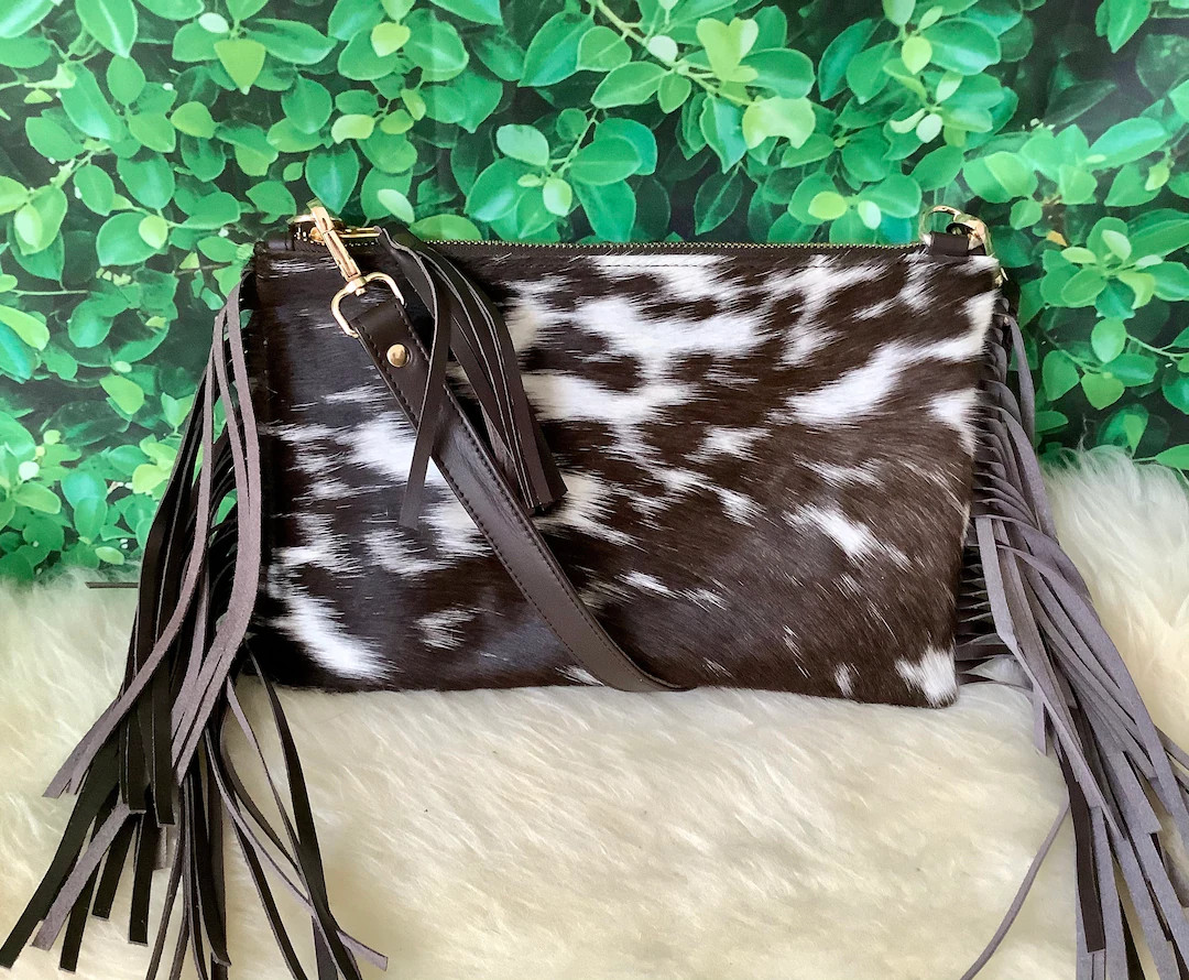Cowhide Crossbody Purse With Fringe Handbag Wallet Clutch Dark Brown Real Cow Hide Calf Hide Leat... | Etsy (US)