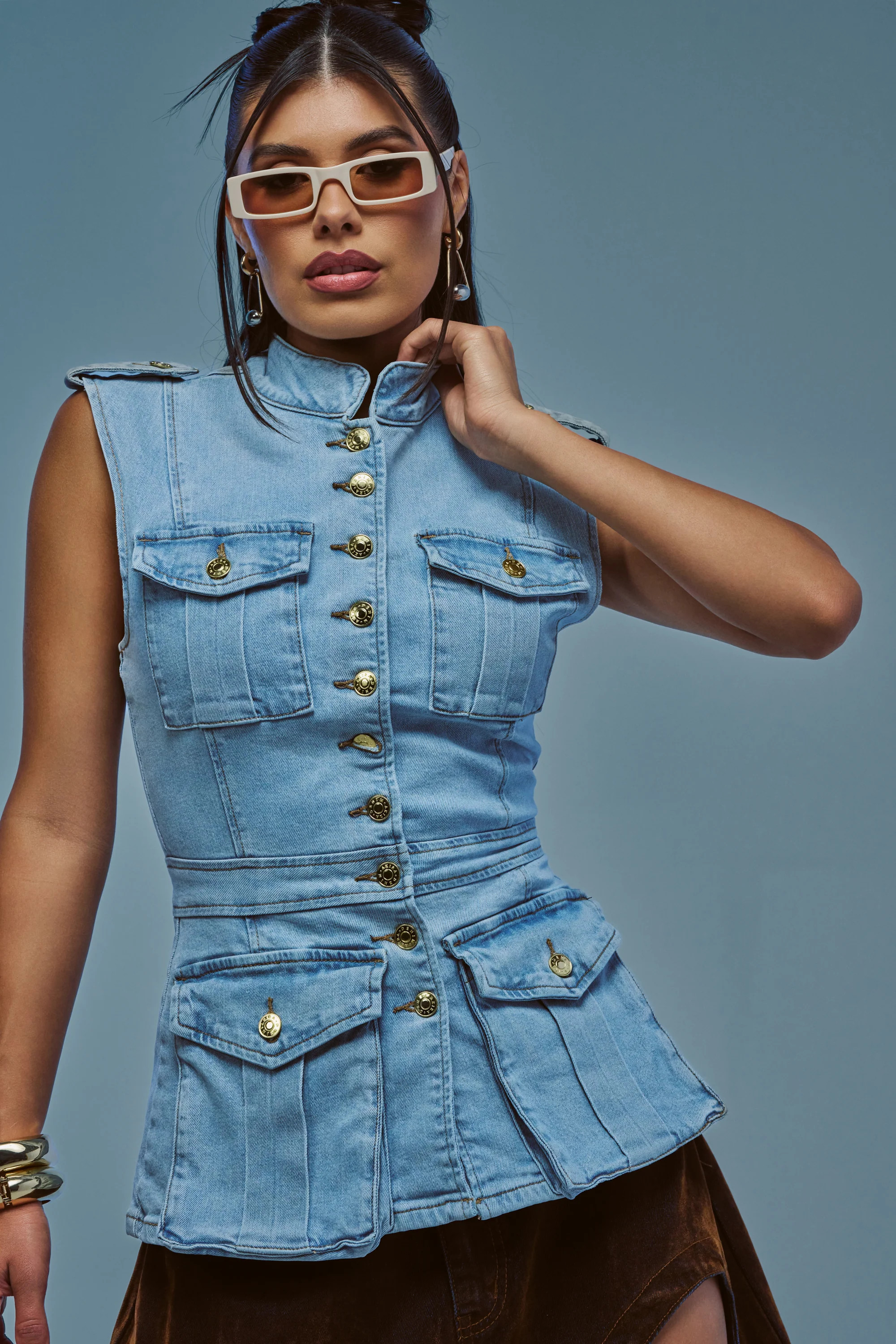 Stretch Denim Sleeveless Vest, Light Blue | AKIRA | AKIRA