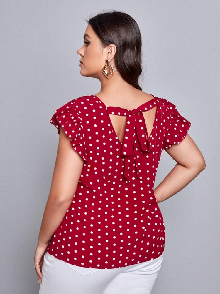 Plus Polka Dot Tie Back Ruffle Armhole Blouse | SHEIN