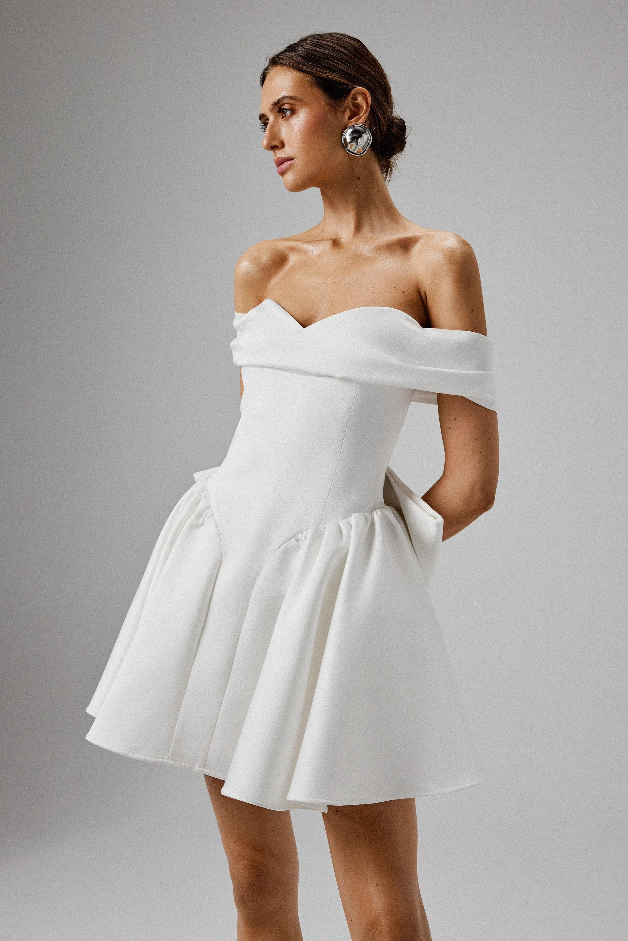 ORLY Off Shoulder Volume Flared Mini Dress in White | Lavish Alice Retail Ltd