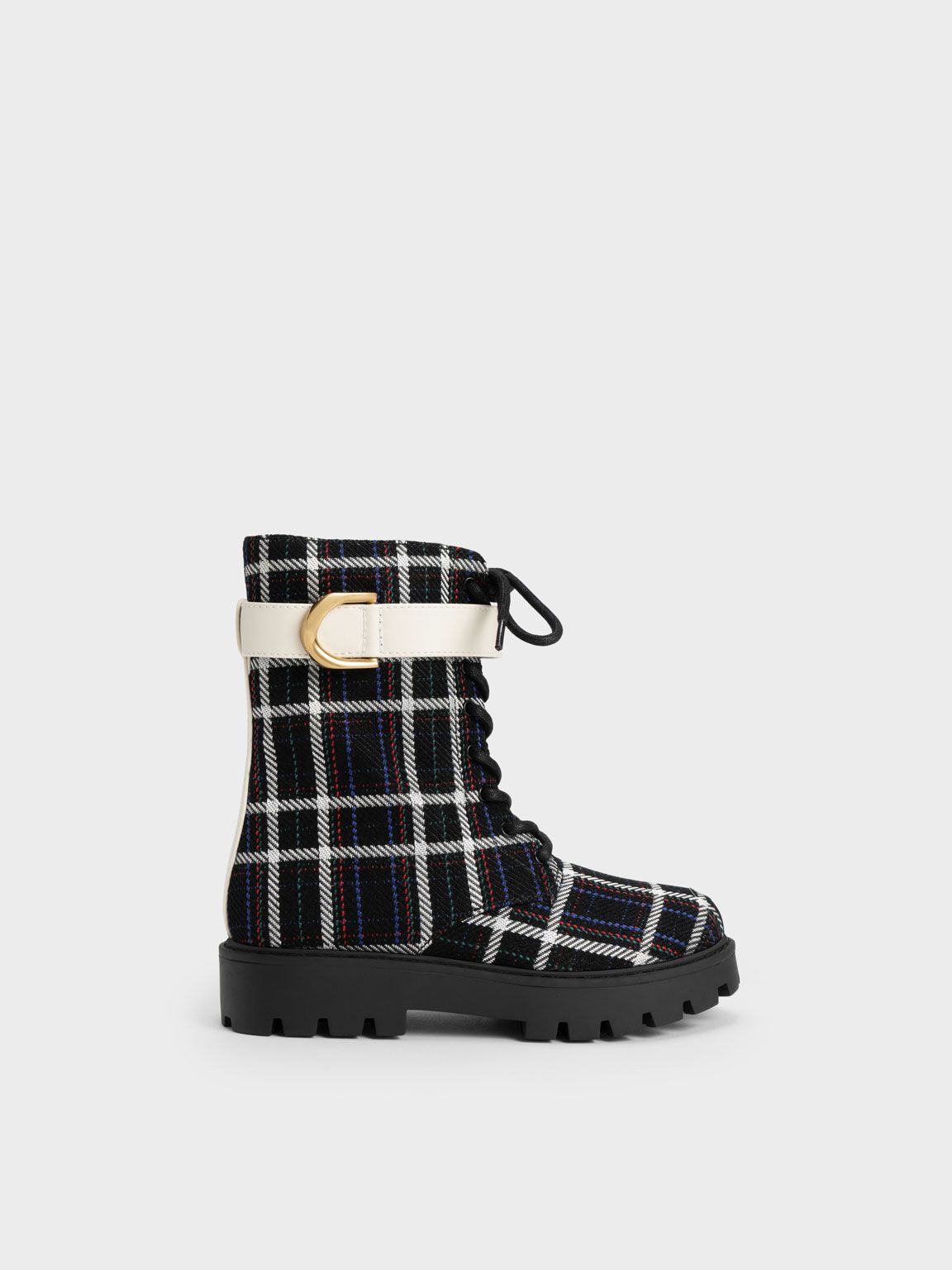 Black Textured Gabine Check-Print Lace-Up Ankle Boots | CHARLES &amp; KEITH | Charles & Keith US