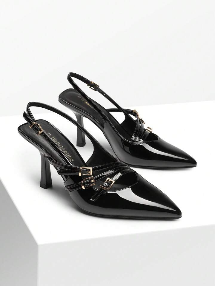 Women's Pointed Toe Slingback Kitten Heel Pumps With Stylish Buckle Straps Sexy Elegant Wedding P... | SHEIN