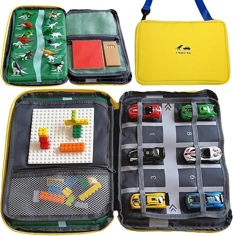 Portable kids toys storage bag with alloy toy cars, simulated dinosaurs, building blocks, base pl... | Amazon (US)