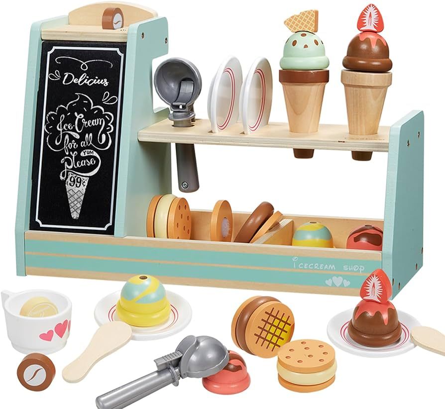 Giant bean Wooden Ice Cream, Coffee and Frozen Treat 3-in-1 Counter Playset, 25 PCS Toddler Prete... | Amazon (US)