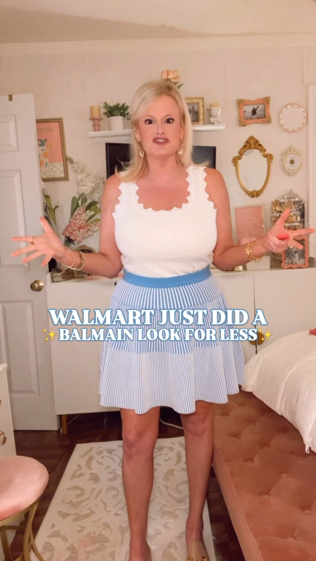 The $1,500 Balmain A-line textured knit skirt. This is it. At Walmart. The ribbed knit. The graduated vertical stripe. The A-line that flares exactly the way it is supposed to. The blue waistband that makes the whole thing look like you planned it.

Paired here with a scallop tank and it becomes a complete outfit moment without a single second thought.

Real knit weight. Real structure. Holds its shape all day.

True to size. I sized up to a large for a little more room but true to size is the best fit.

Balmain skirt dupe, Balmain look for less, Balmain A-line skirt look for less, ribbed knit mini skirt, striped knit skirt, blue mini skirt, A-line mini skirt, knit skirt outfit, skirt outfit women, spring skirt outfit, spring outfits women, spring outfits 2026, summer outfits women, vacation outfits beach, resort wear women, preppy spring outfit, preppy skirt outfit, coastal style outfit, country club outfit women, scallop tank outfit, Walmart fashion finds, Walmart spring fashion, Walmart style, Free Assembly skirt, affordable designer dupe, designer look for less, spring fashion 2026, cute spring outfits, spring skirts 2026

#LookForLess #WalmartStyle #WalmartFinds  #LTKFindsUnder50

#LTKSeasonal #LTKPetite #LTKWorkwear