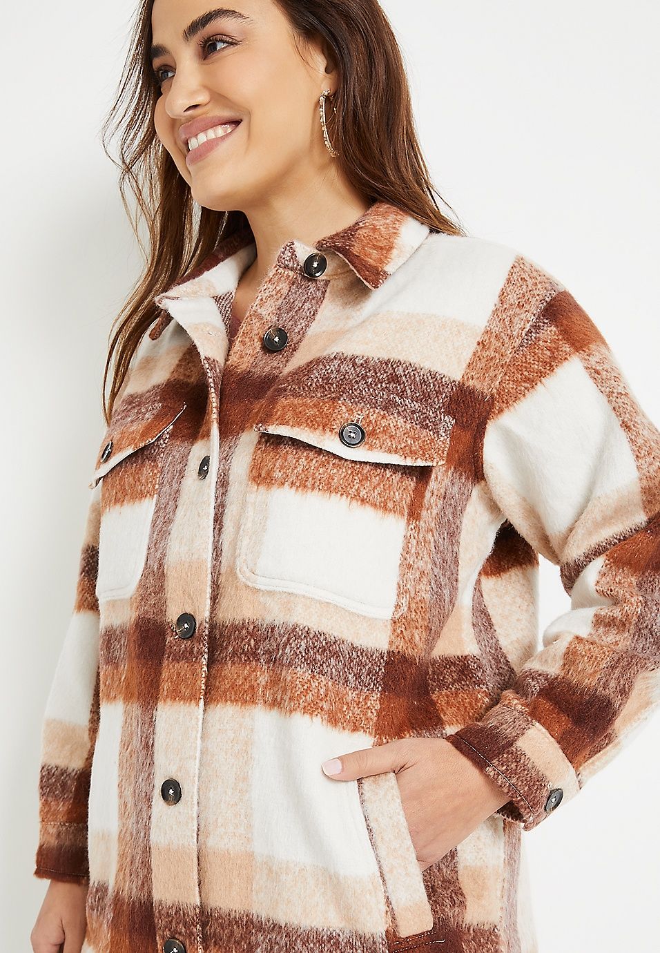 Plus Size Neutral Plaid Longline Wool Shacket | Maurices