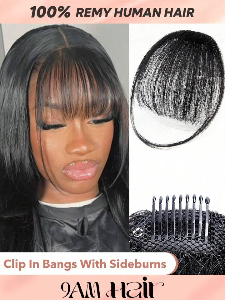 Human Hair Air Bangs With Sideburns 1B Bangs Clip In Hair Extension Beginner Friendly Wear Real E... | SHEIN