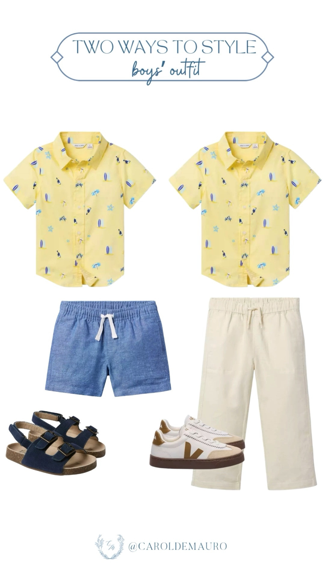 This yellow surfer print button-down is doing a lot of heavy lifting this summer — dress it down with blue shorts and sandals or style it up with cream trousers and sneakers. One shirt, two totally different vibes.

boys outfit ideas, two ways to style, toddler summer fashion, kids button down, Veja kids, boys summer wardrobe

#LTKKids