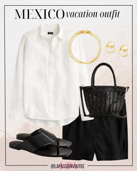 Embrace laid-back luxury on your Mexico escape! Opt for a breezy oversized shirt paired with comfy linen shorts. Add subtle flair with delicate circle stud earrings and a dainty necklace. Complete the ensemble with a compact leather bag and stylish wide thong leather sandals for effortless sophistication under the sun.

#LTKtravel #LTKstyletip #LTKSeasonal