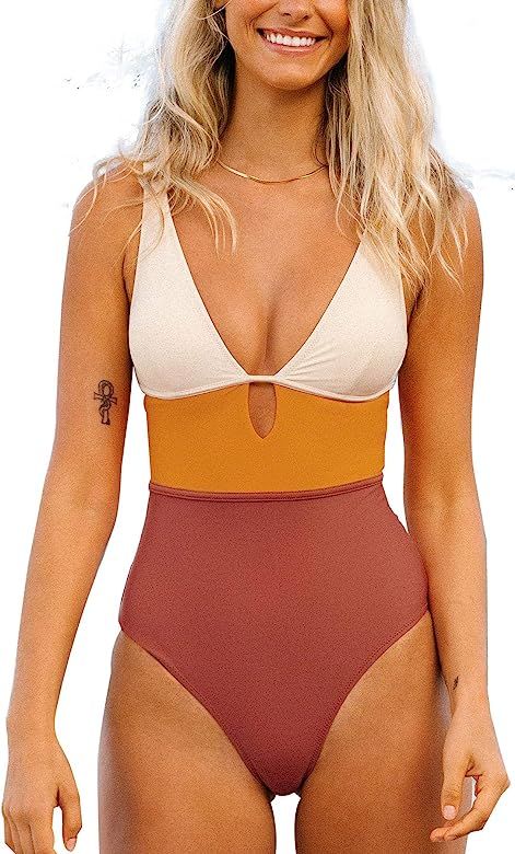 CUPSHE Women's One Piece Swimsuit Color Block Keyhole Cutout Bathing Suit | Amazon (UK)