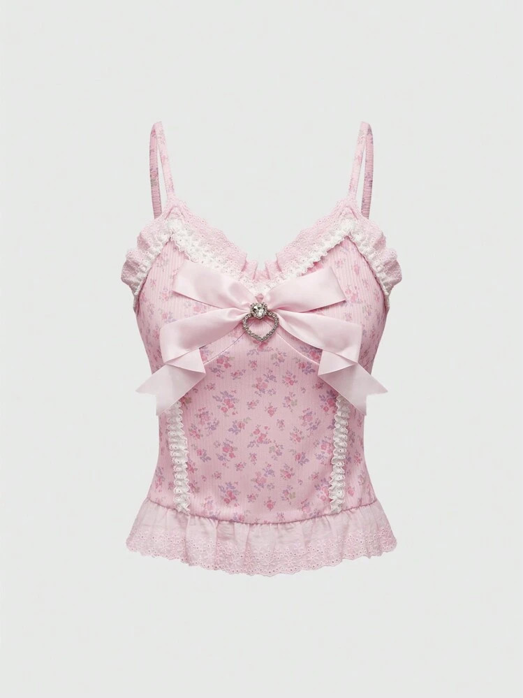 ROMWE Kawaii Ladies Himekaji Minimalist Sexy Palace Retro Lace Bow Heart Pendant Cami Top | SHEIN
