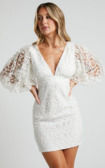 Copeland Mini Dress - Puff Sleeve V Neck Mini in White | Showpo (US, UK & Europe)