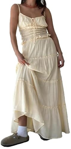 Thopavenoir Women Y2k 2 Piece Outfits Patchwork Front Tie-Up Camisoles and Ruched Ruffle Maxi Skirt Matching Set Beachwear (Light Yellow-D, S) | Amazon (US)