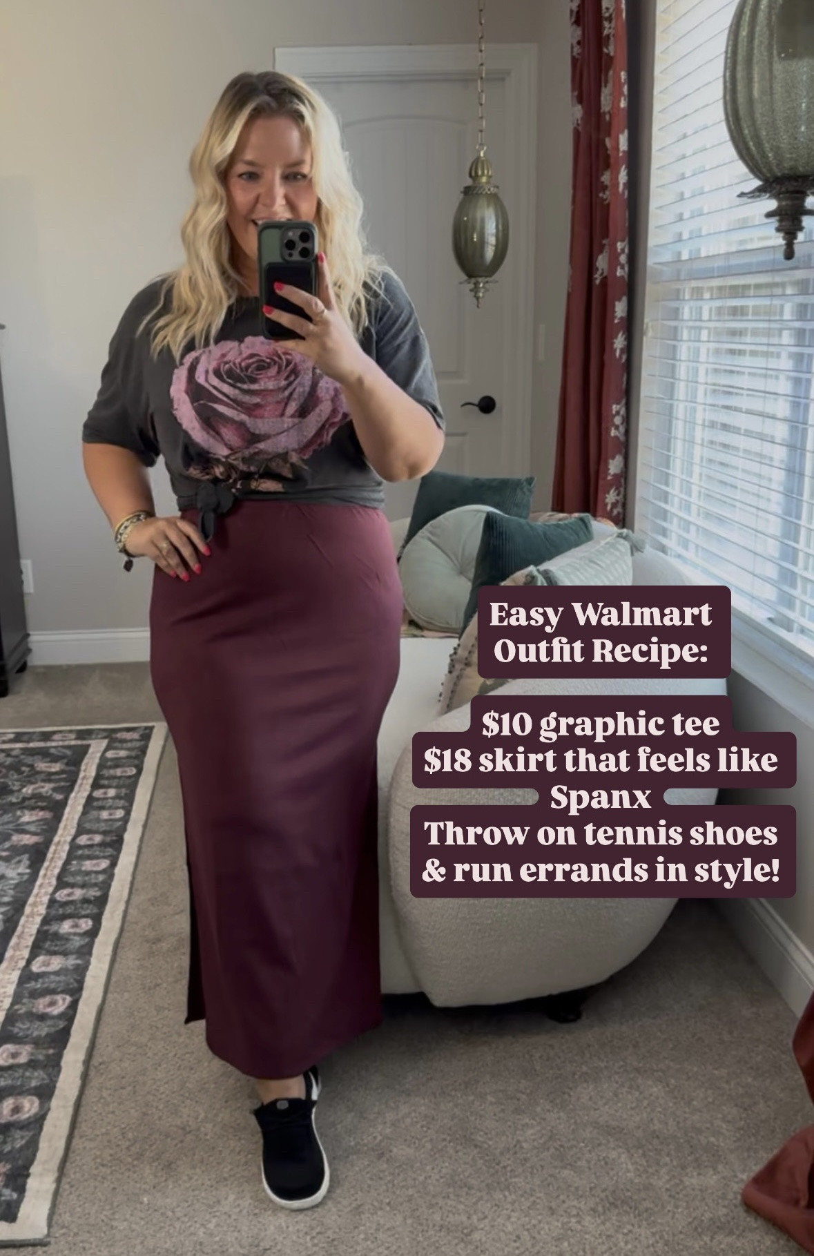 This scubaknit maxi skirt feels soooo much like Spanx but it’s Walmart 🤯 I sized down to a medium from my usual Large but I also have this skirt in black in a Large which fits great but I wanted a more bodycon fit in this color. You can style it sooo many ways year round! Wearing my true Large in everything else  

#LTKMidsize #LTKPetite #LTKFindsUnder50