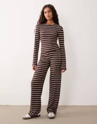 ASOS DESIGN rib wide leg trouser co-ord in choc stripe | ASOS (Global)