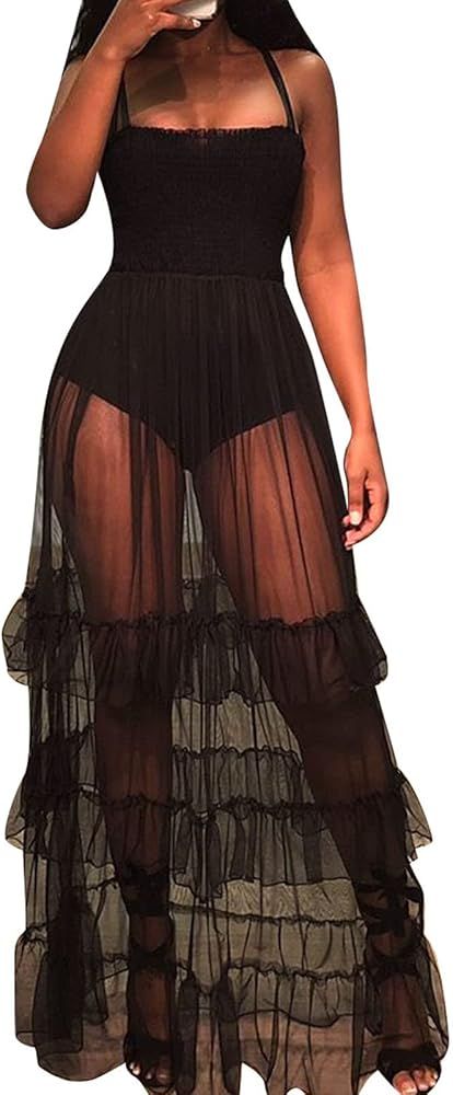 Ophestin Women Sleeveless Strap Tunic Bodysuits with Mesh Sheer Flowy Ruffle Long Maxi Dress | Amazon (US)