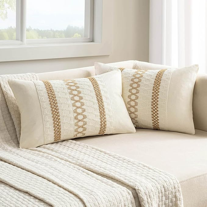 MIULEE Set of 2 Neutral Boho Decorative Pillow Covers 12x20 Inch Farmhouse Rustic Couch Throw Pil... | Amazon (US)