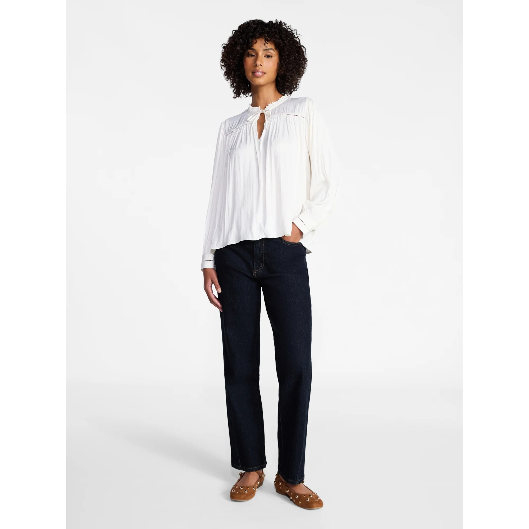 Time and Tru Women's Soft Ruched Yoke Blouse with Long Sleeves, Sizes XS-XXXL | Walmart (US)