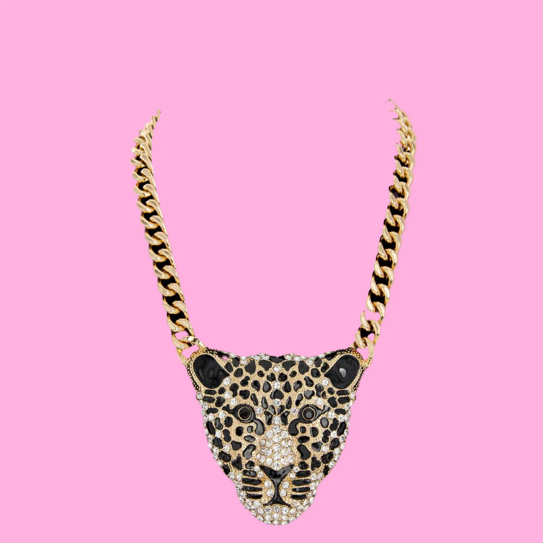 Crystal Pave Cheetah Pendant Chain Necklace | Teggy French