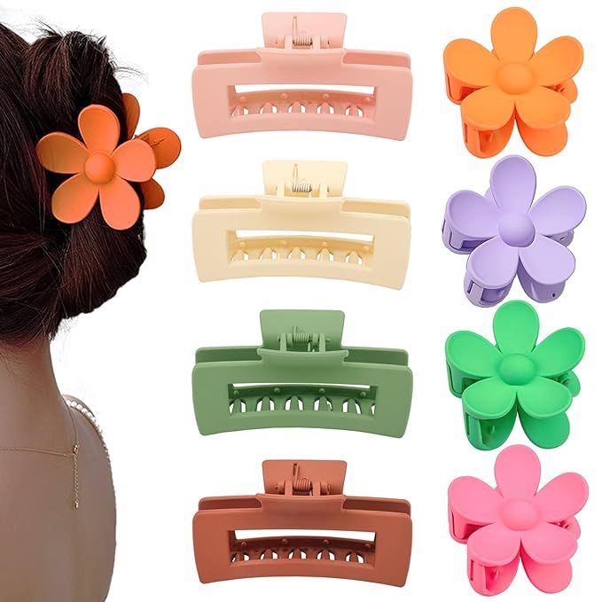 8 Pcs Large Hair Claw Clips Flower and Rectangle Matte Claw Clips Non-Slip No Broken Clamps Hair ... | Amazon (US)